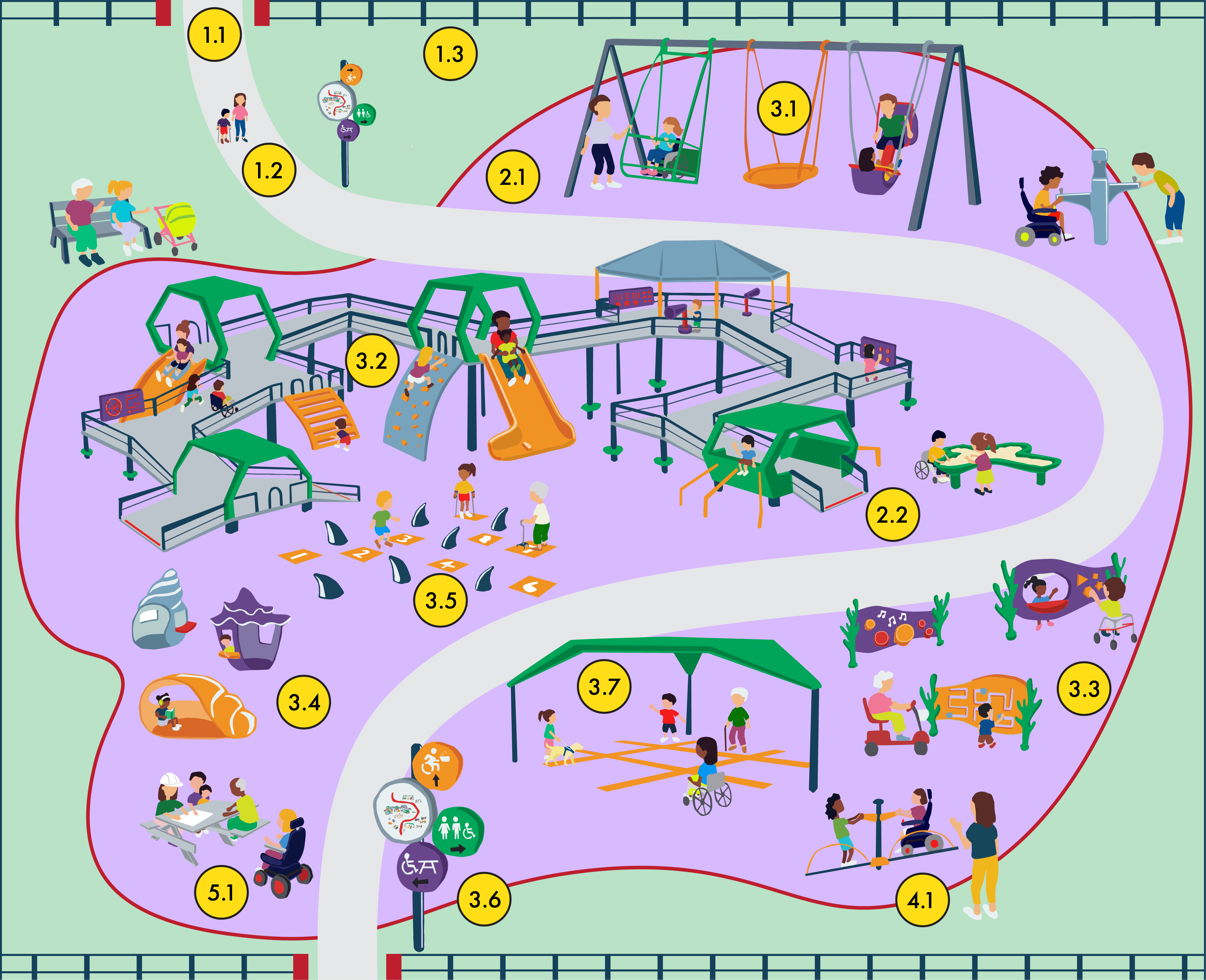 Diagram of an inclusive playground shows children of all ages and abilities playing in a playground, illustrating the evidence-informed recommendations for designing inclusive playgrounds.